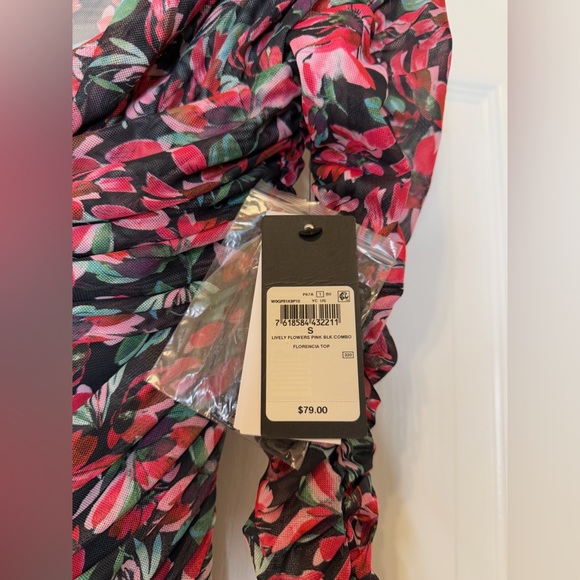 Guess Floral Long Sleeve Ruched Cowl Neck Top Small Black Red Green Stretchy NWT - Picture 6 of 9